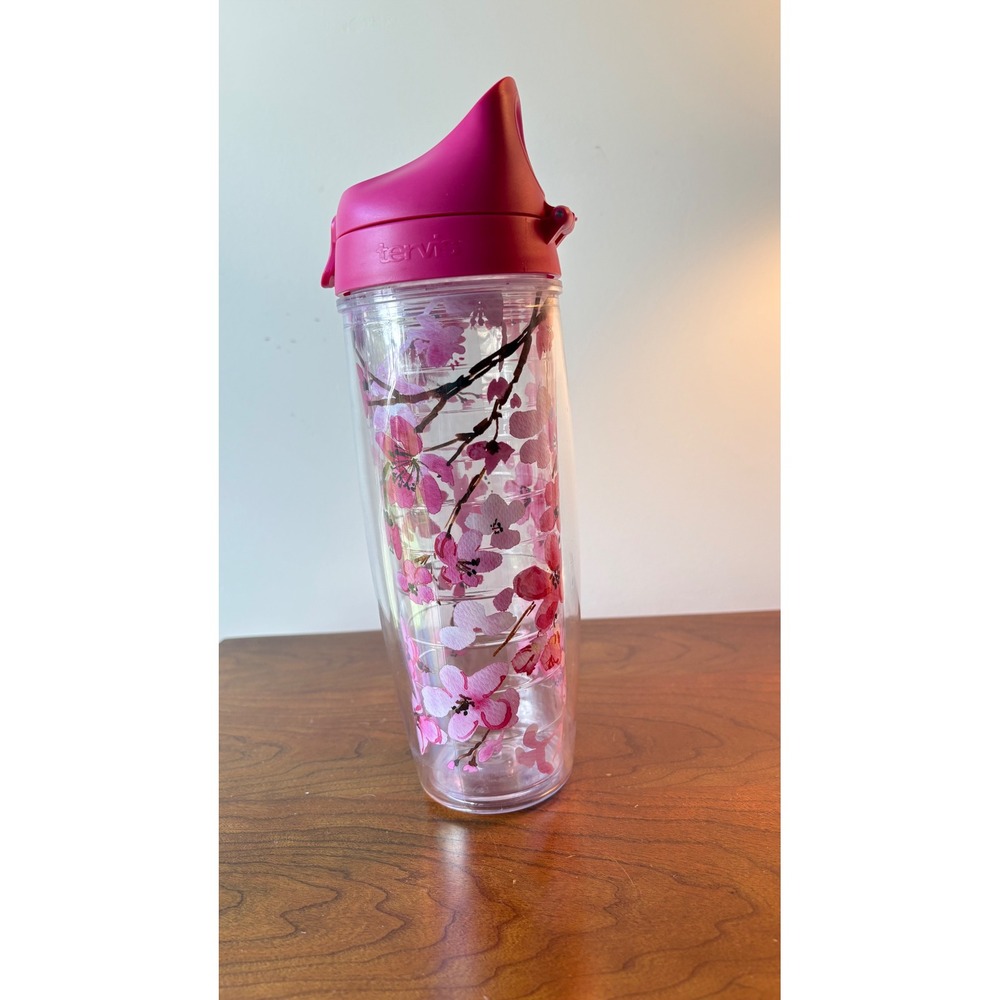 New Tervis Cherry Blossom Insulated Water Bottle Pink Flip Top Lid 24oz Tumbler